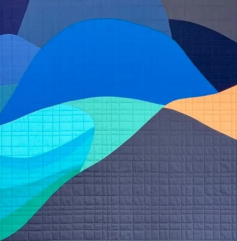 Abstract colorful geometric shapes with wavy and grid patterns.