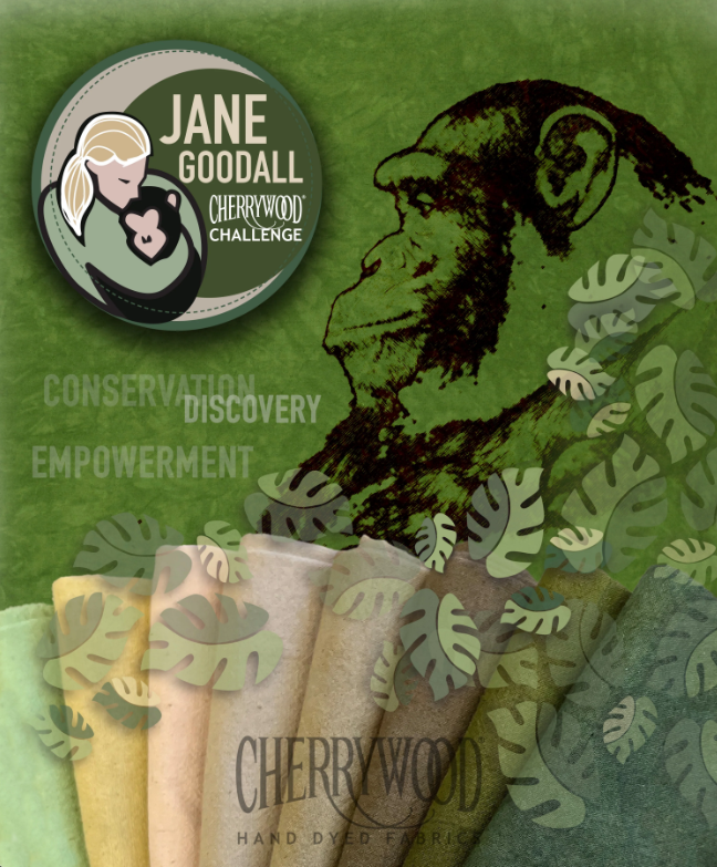 A green promotional sticker for Jane Goodall and the Cherrywood Challenge with her silhouette and logo, surrounded by green leaves and fabric swatches with the Cherrywood logo.