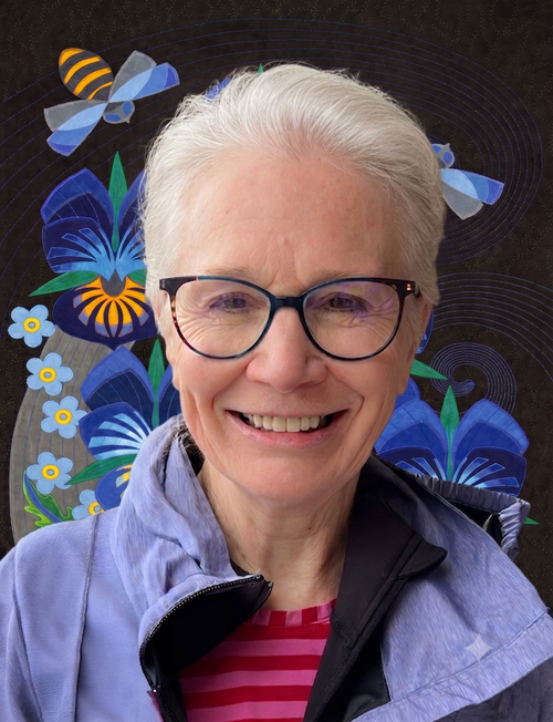 Smiling senior woman with glasses and short white hair, wearing a purple jacket and red striped shirt, standing in front of a colorful mural of bees, flowers, and butterflies on a dark background.