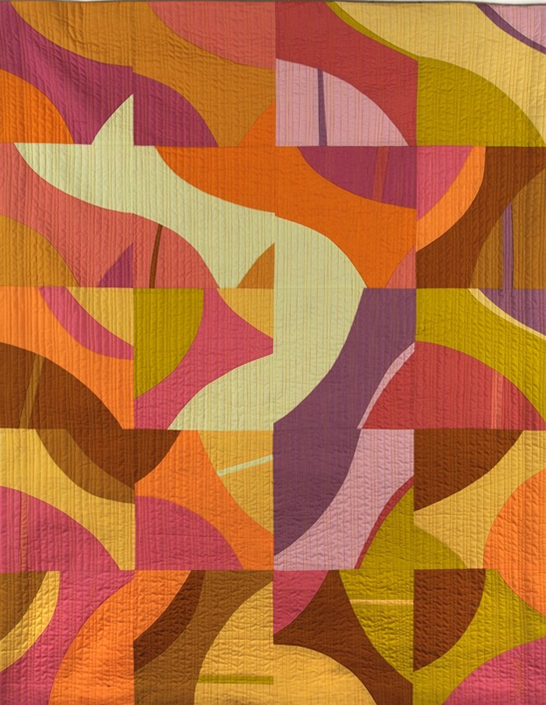 Abstract geometric quilt with warm colors including pink, orange, yellow, green, brown, and purple.
