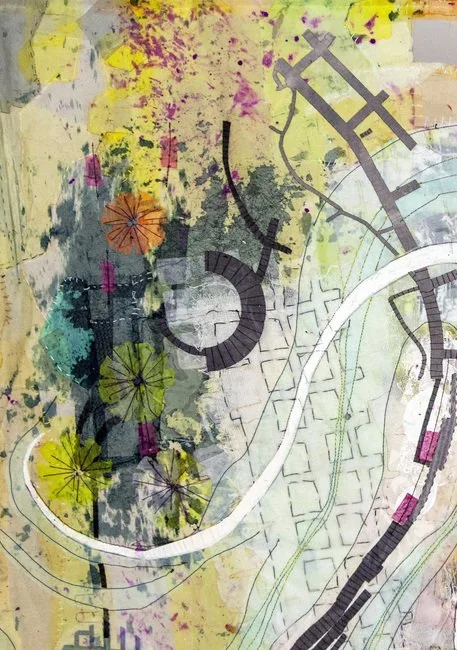 Colorful abstract map with flowers, roads, and green spaces.