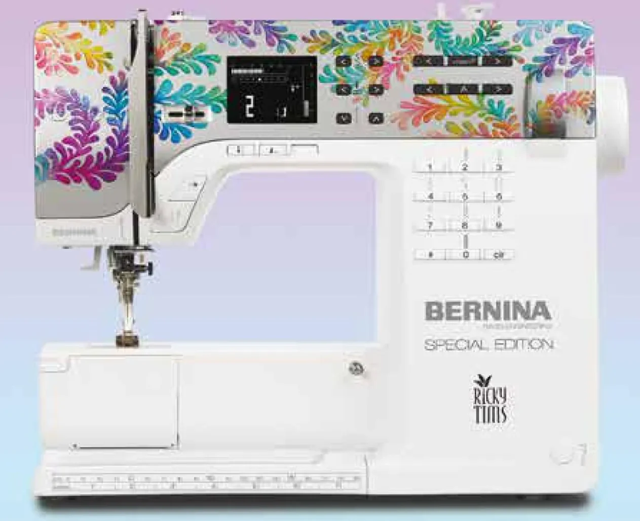 A Bernina sewing machine with a colorful, leafy pattern design on it and the words 'Ricky Tims Special Edition'