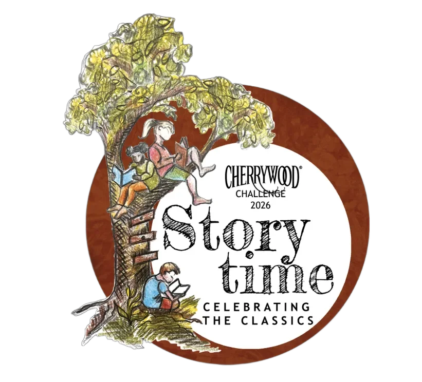 Illustration of children reading on a large tree with a white circle background. Text reads 'Cherrywood Challenge 2026 Story Time Celebrating the Classics'.