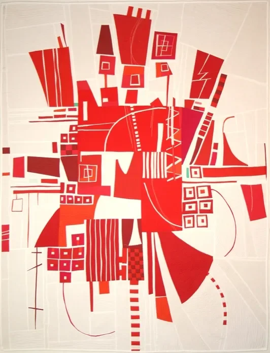 Abstract geometric artwork with red and white shapes and lines