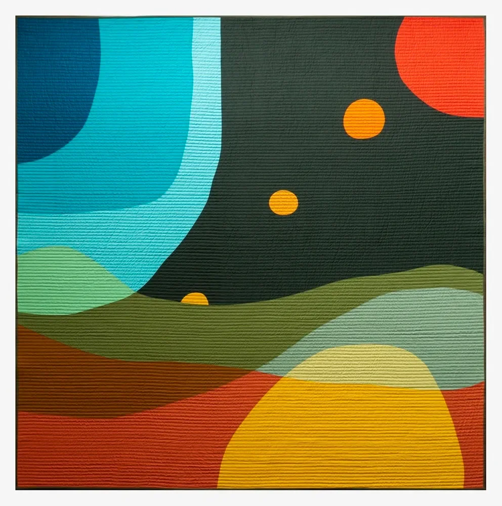 Abstract landscape painting with rolling green hills, a yellow sun in the lower right corner, a dark sky with orange and yellow celestial bodies, and a large blue curve representing a celestial body or planet.