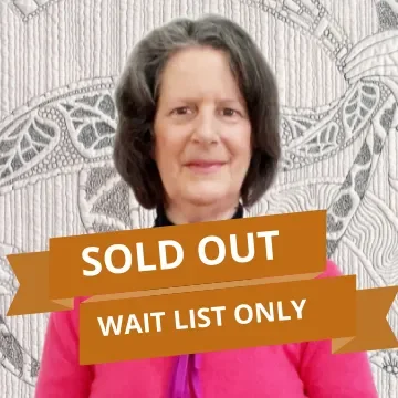 A woman with dark curly hair wearing a pink jacket standing in front of a detailed black and white background with a large snake design. Overlayed text reads "SOLD OUT" and "WAIT LIST ONLY".
