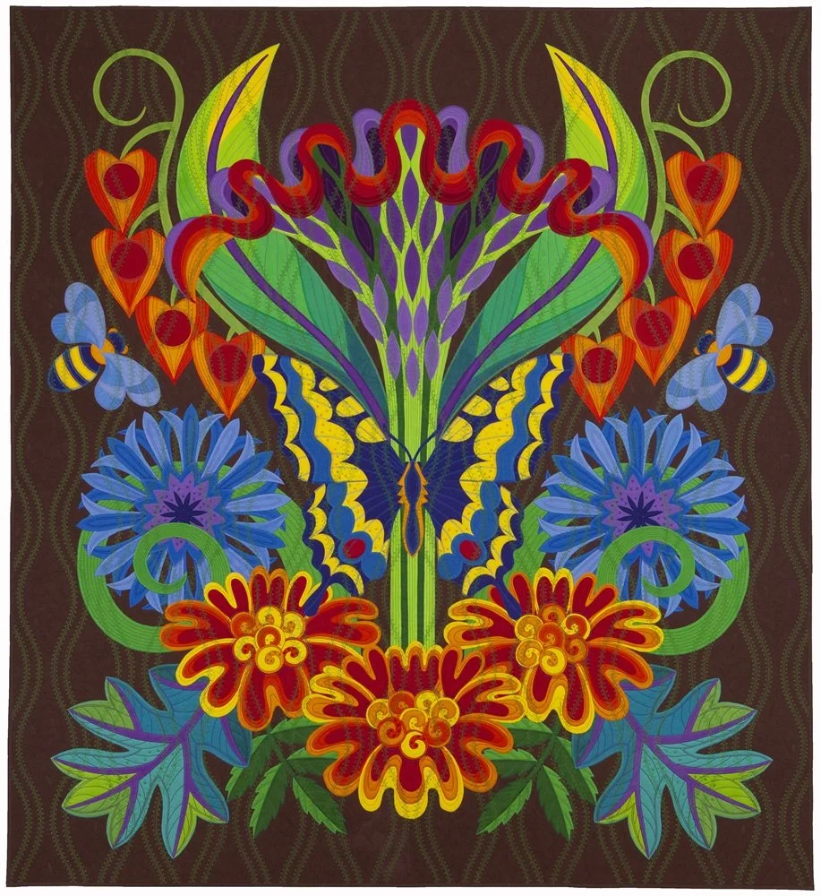 Colorful symmetrical floral and butterfly pattern with red, orange, yellow, green, purple, and blue flowers, leaves, and butterflies on a dark background.
