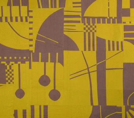 Abstract geometric artwork with yellow and brown shapes, lines, and patterns.