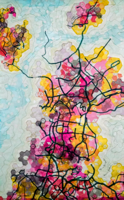 Colorful abstract map with black lines, pink, yellow, orange, and gray shapes, and faint geographical outlines.