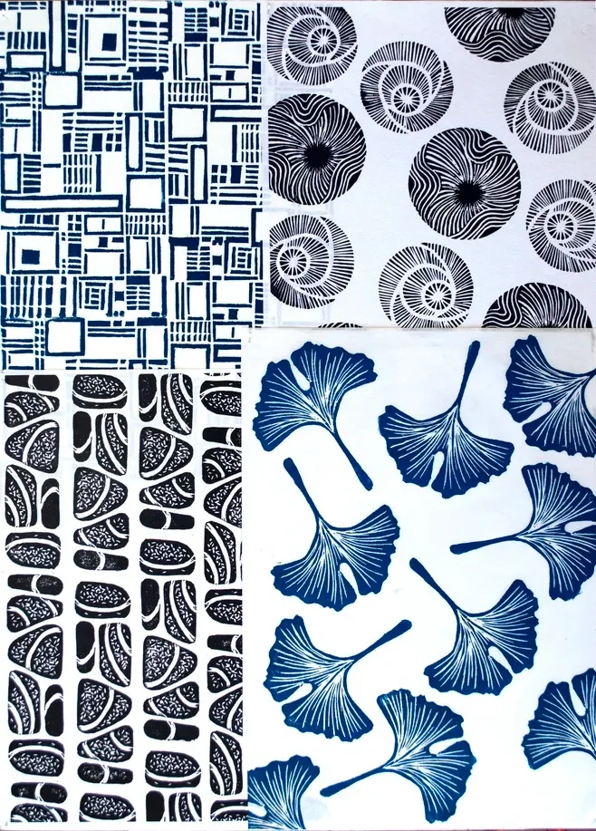 Collage of four black and white patterned designs, including geometric squares, spiral circles, abstract shapes resembling seeds, and stylized ginkgo leaves.