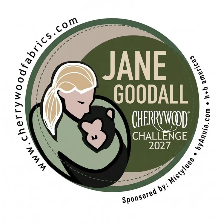 Logo for Jane Goodall Cherrywood Challenge 2027 featuring a stylized illustration of a woman with blonde hair holding a chimpanzee.