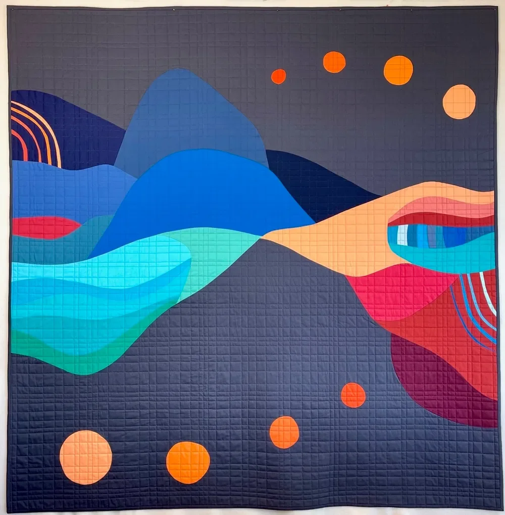 Abstract colorful artwork with mountain-like shapes, flowing lines, and circular elements on a dark background.