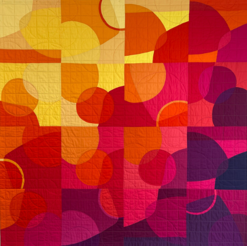 Colorful abstract geometric pattern with overlapping circles in warm colors like orange, red, pink, yellow, and purple.