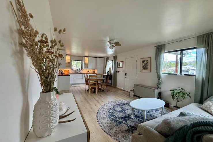 Living room with a beige sofa, coffee table, round rug, large window with green curtains, and a view to the outdoors. Kitchen with dining table and chairs in the background, decorated with framed pictures on the wall and houseplants.