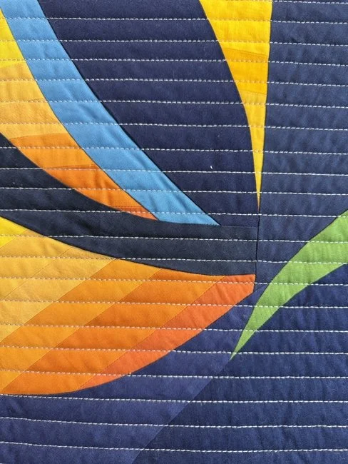 Close-up of a quilt with colorful, curved applique design on a navy blue background.