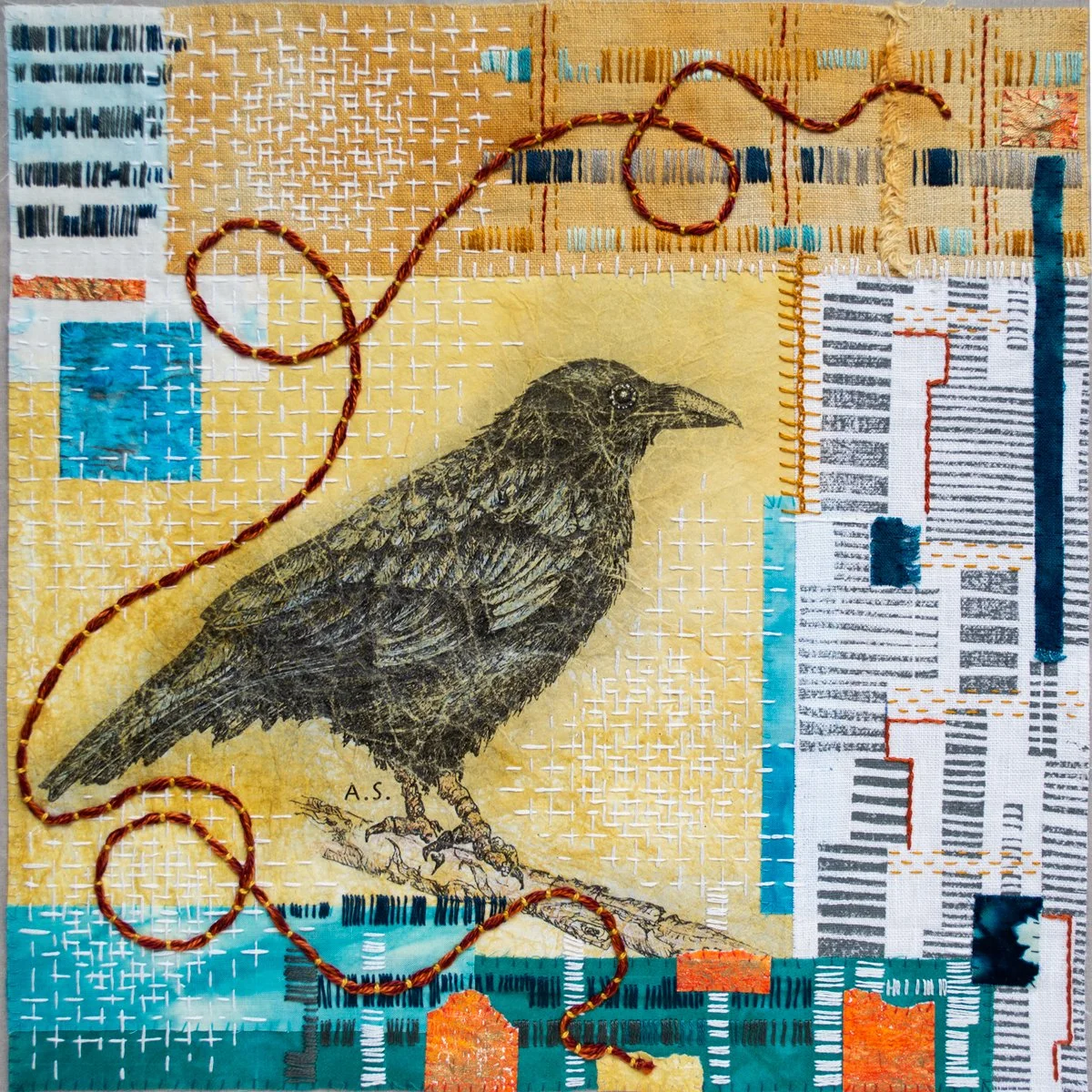 Mixed media artwork featuring a detailed drawing of a bird perched on a branch, with colorful geometric and stitched patterns in the background, including blocks of blue, orange, and white, and a twisted cord donning the scene.