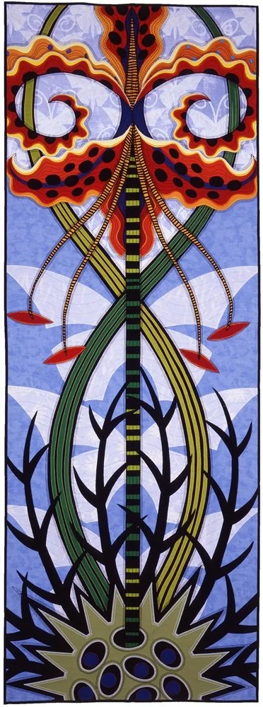 A colorful abstract painting featuring a symmetrical design with butterfly or moth-like wings at the top, plant-like elements with thorns and branches in the middle, and an intricate base resembling a mandala or mechanical gear at the bottom, against a blue background.