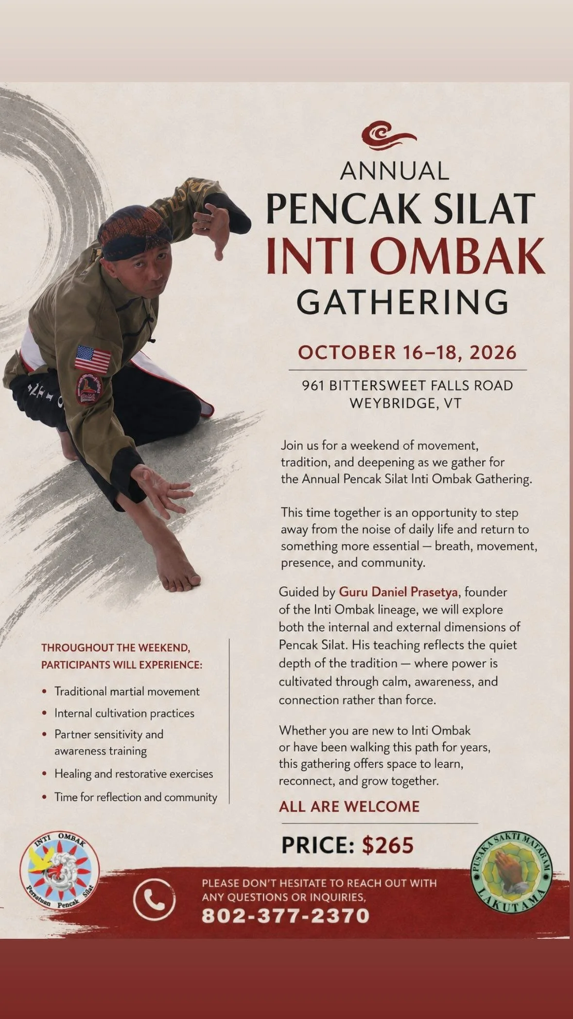 Flyer for the Annual Pencak Silat Inti Ombak Gathering, held October 16-18, 2026, in Weybridge, Vermont. Features a man in martial arts attire performing a stance or movement. Includes event details, location, contact information, and logos of the organizing groups.