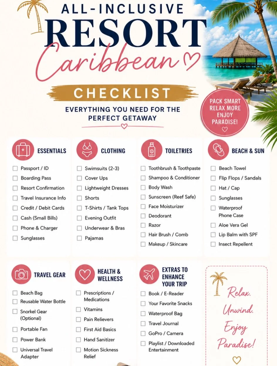 🌴 Dreaming of an all-inclusive Caribbean escape? ☀️ Before you zip your suitcase, save this ultimate Caribbean Resort Packing Checklist so you don&rsquo;t forget a thing!

Whether you&rsquo;re planning a luxury vacation, Caribbean getaway, honeymoon