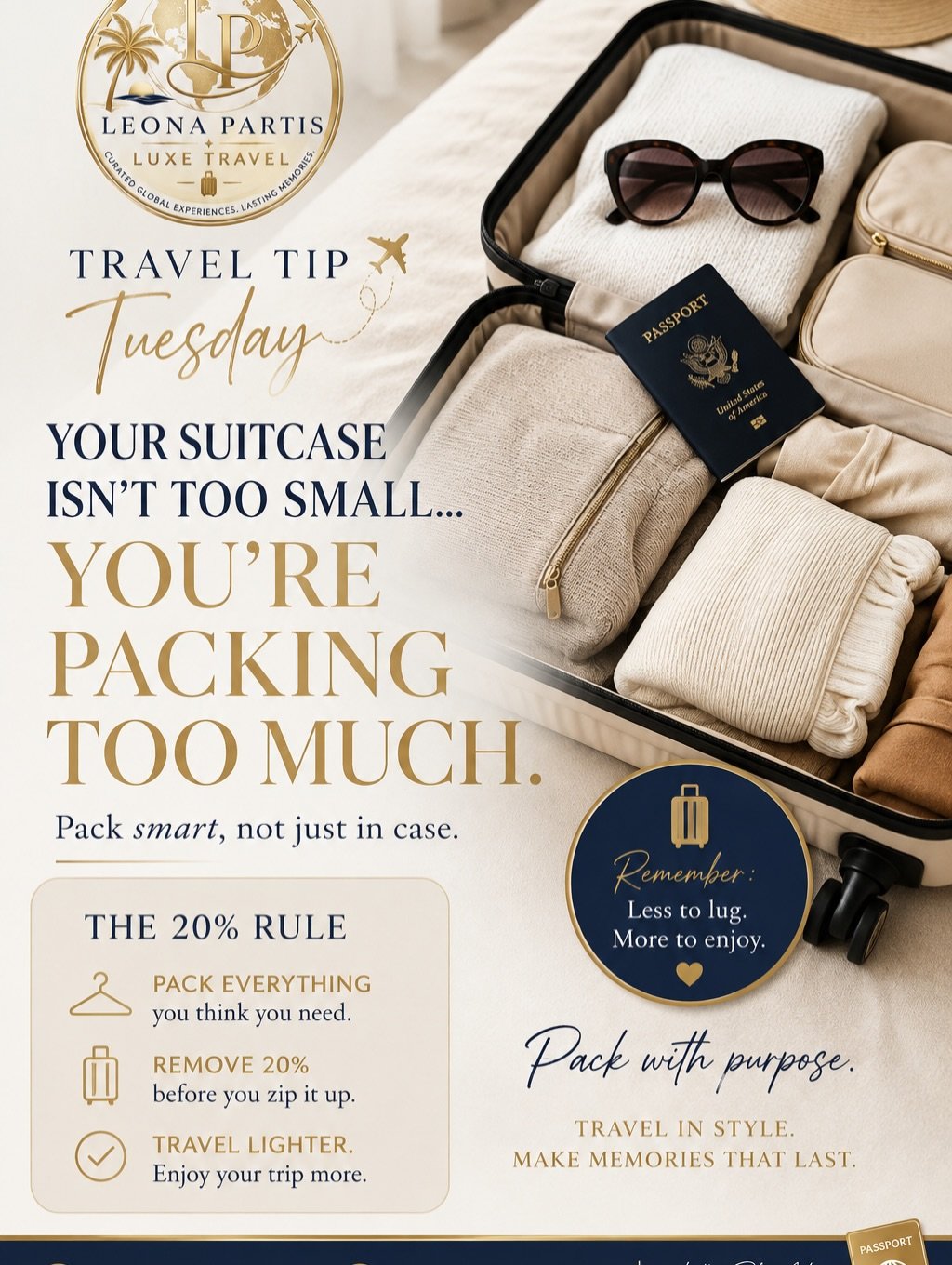 TRAVEL TIP TUESDAY ✈️
. 

.
.
.
. 
YOUR SUITCASE ISN&rsquo;T TOO SMALL&hellip;
YOU&rsquo;RE PACKING TOO MUCH. 😩

📍The 20% Rule:
Pack everything you think you need &rarr; then remove 20%. 

Save this for your next trip 💛
#TravelTipTuesday #PackingT