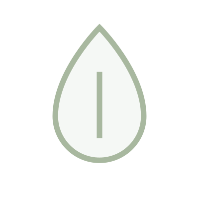 A close-up of a single water droplet with a light green tint, featuring a pointed tip at the top and rounded bottom.