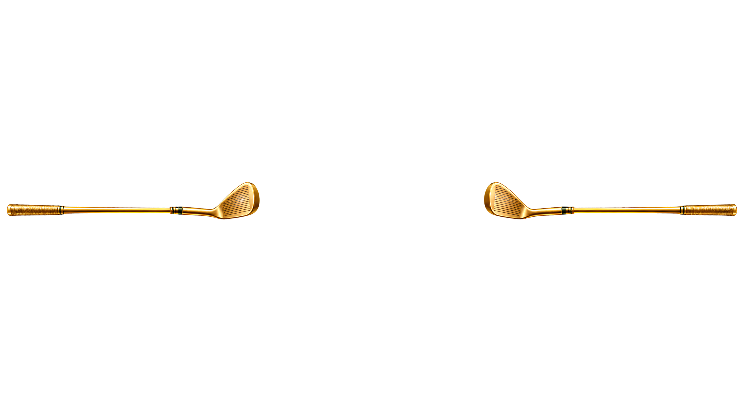 Two gold golf clubs with large club heads displayed against a black background.