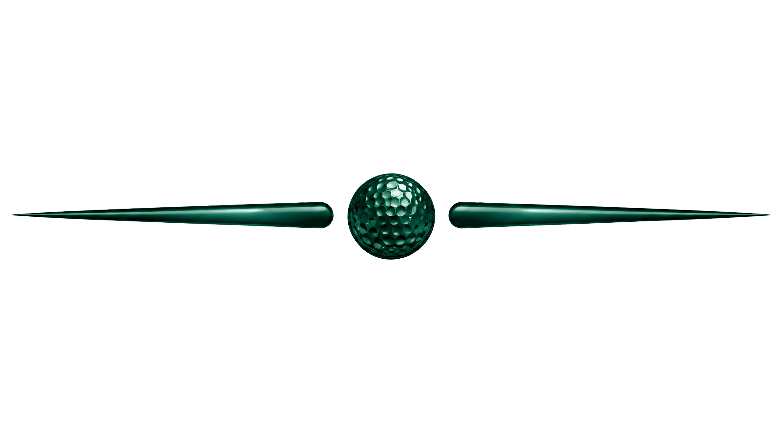A digital illustration of a green golf ball with a dimpled surface positioned between two elongated, curved, metallic golf tees on a black background.