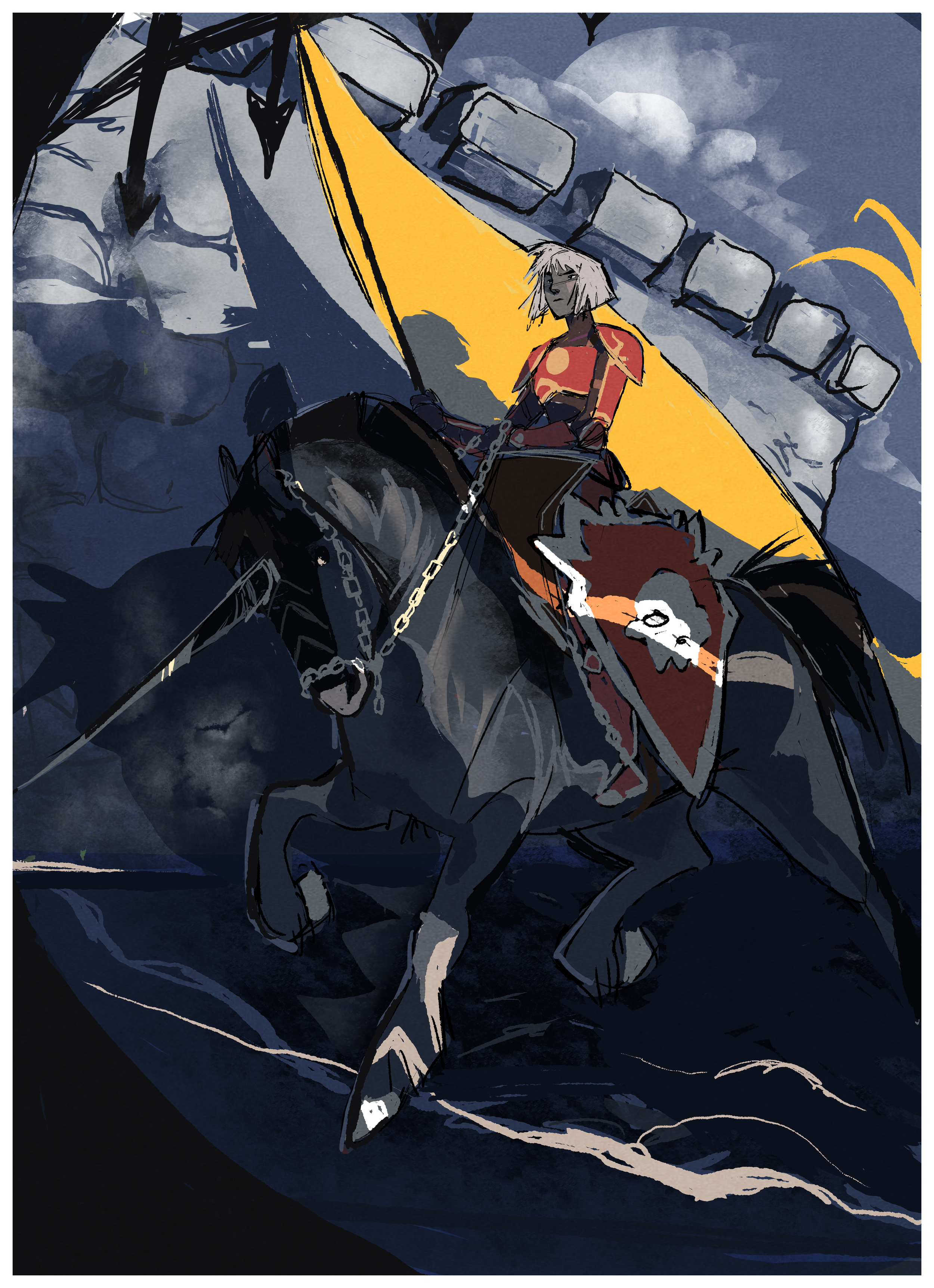 A person riding a black horse with armor and a chain, carrying a shield with a white design, under a cloudy sky, with a large yellow triangular shape in the background.
