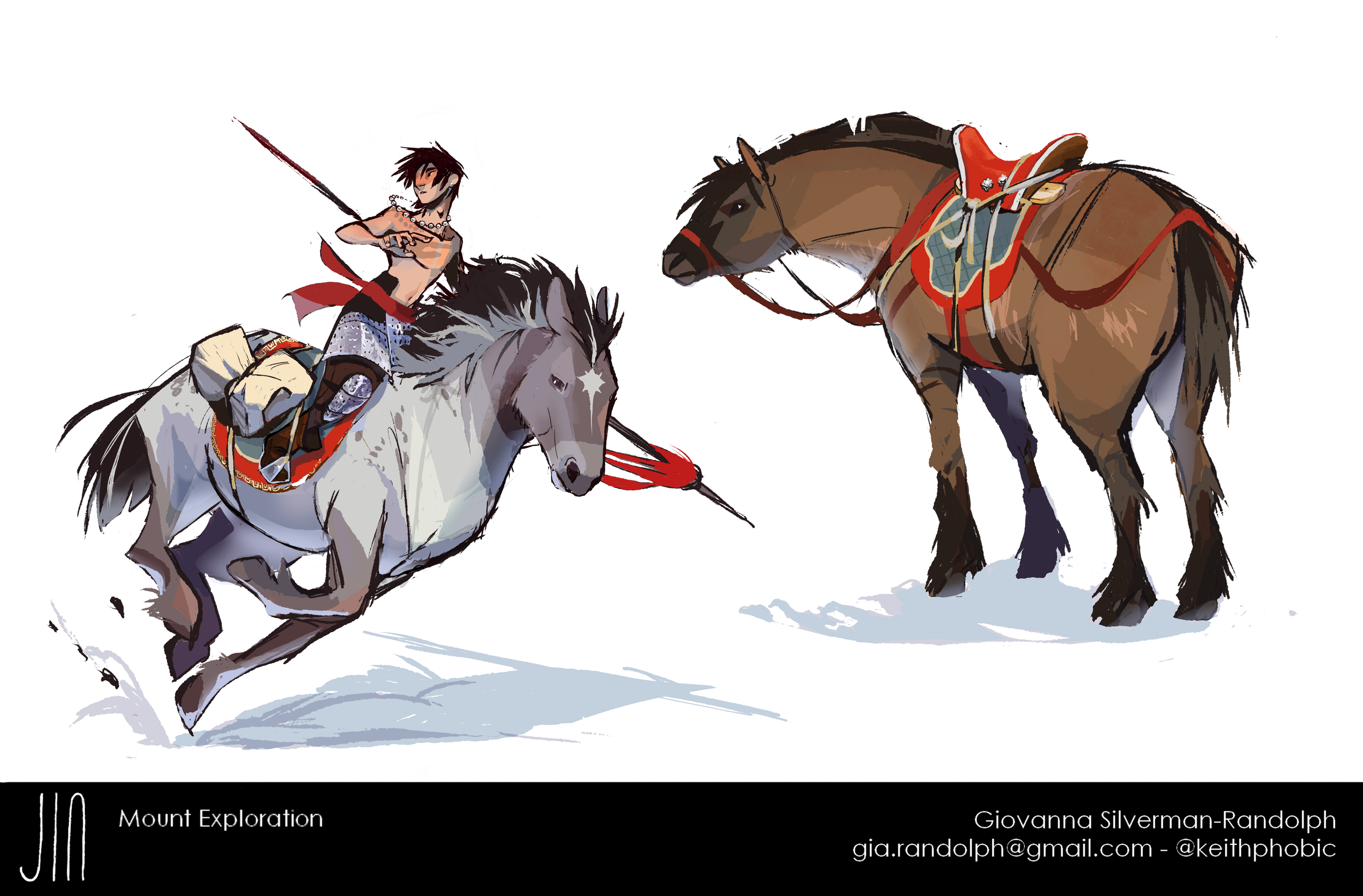 Illustration of two horses and their riders in a snowy landscape. One rider is shirtless, holding a spear, with dark spiky hair and jewelry, riding a light-colored horse. The other horse is darker, decorated with red and gold harness, standing on the snow.