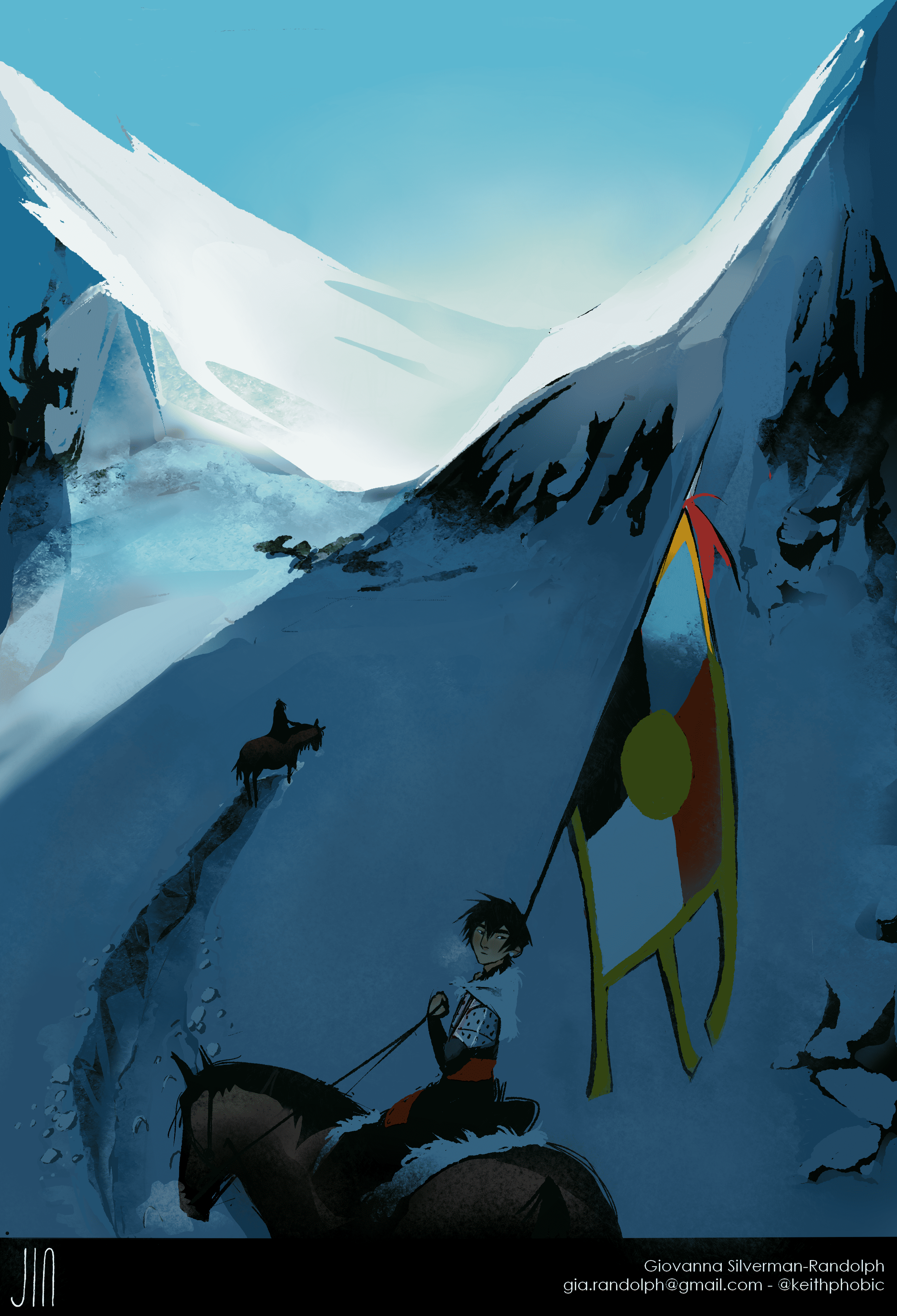 An animated scene of a young person with black hair riding a horse through a snowy mountain landscape. The person is holding a large colorful flag, and the scene features towering snow-capped mountains and a clear blue sky.