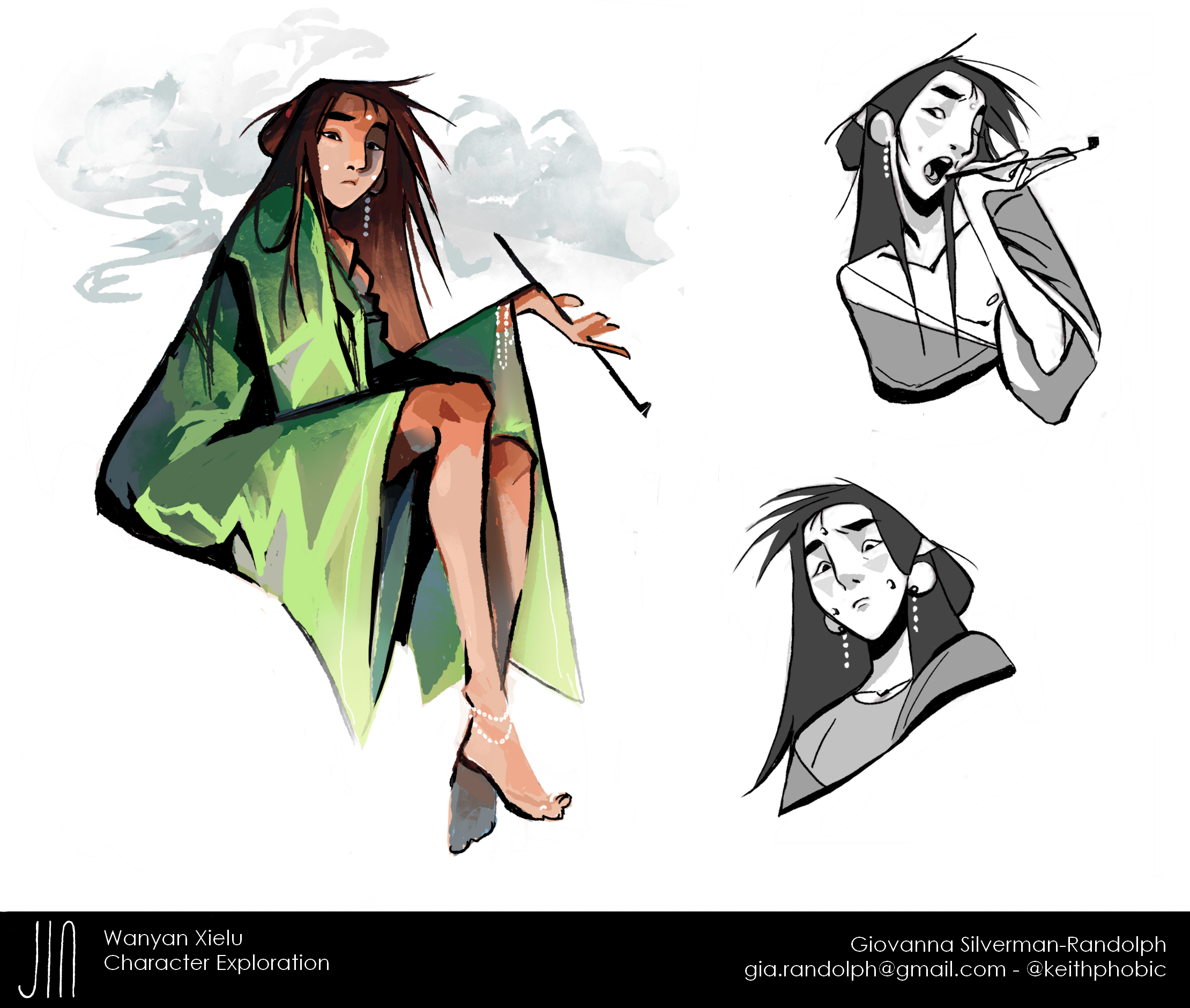 Digital illustration of a character with light brown hair. Chinese historical clothing and setting. There are black and white sketches of the same character in different expressions to the right.