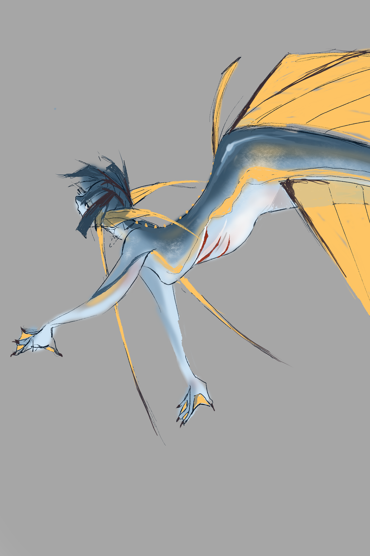 Digital illustration of a dragon with blue, white, and yellow coloring, depicted in a dynamic pose with wings and claws, against a plain gray background.