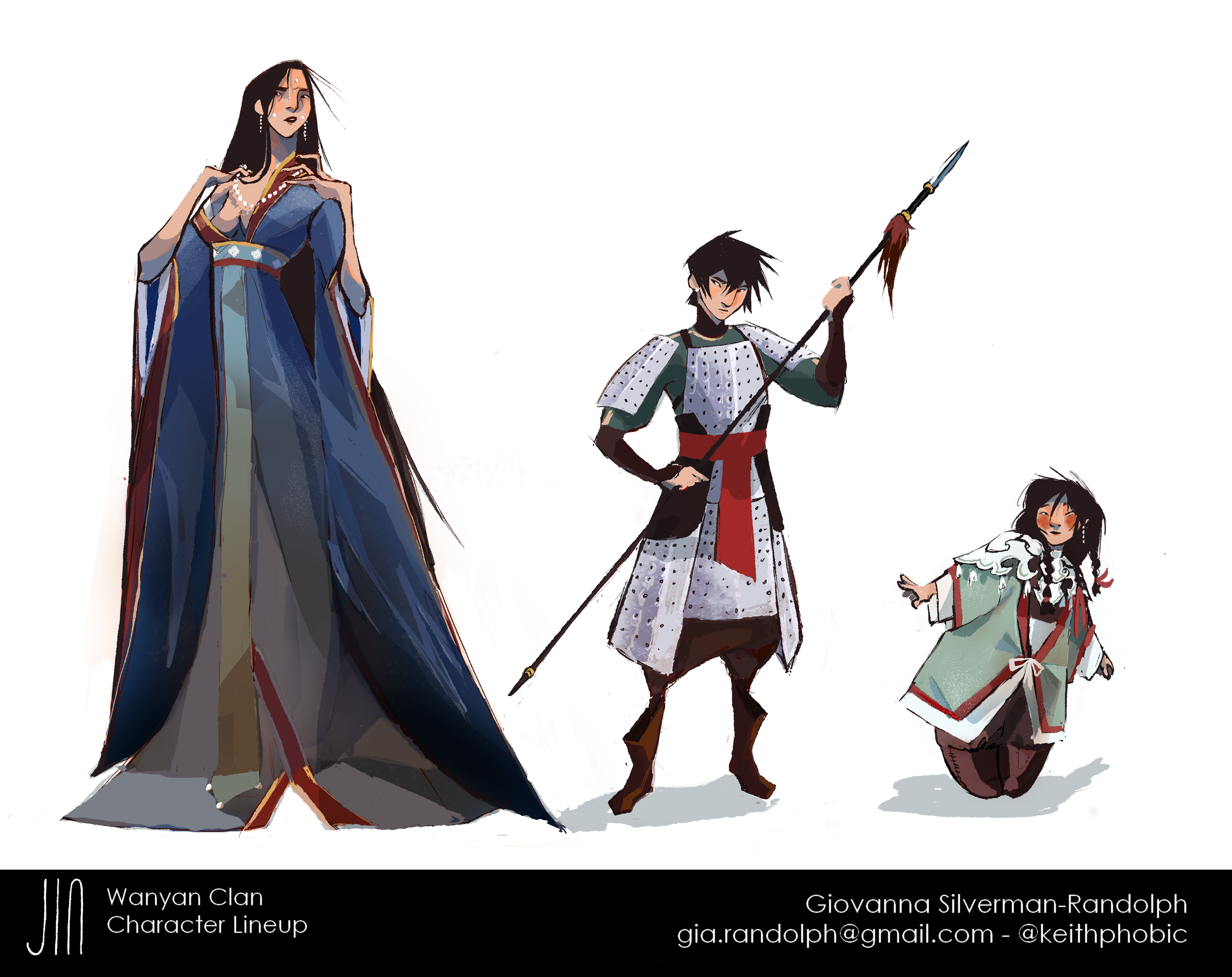 Illustration of four characters from the Wangan Clan, with details about their line-up and contact information for Giovanna Silverman-Randolph.