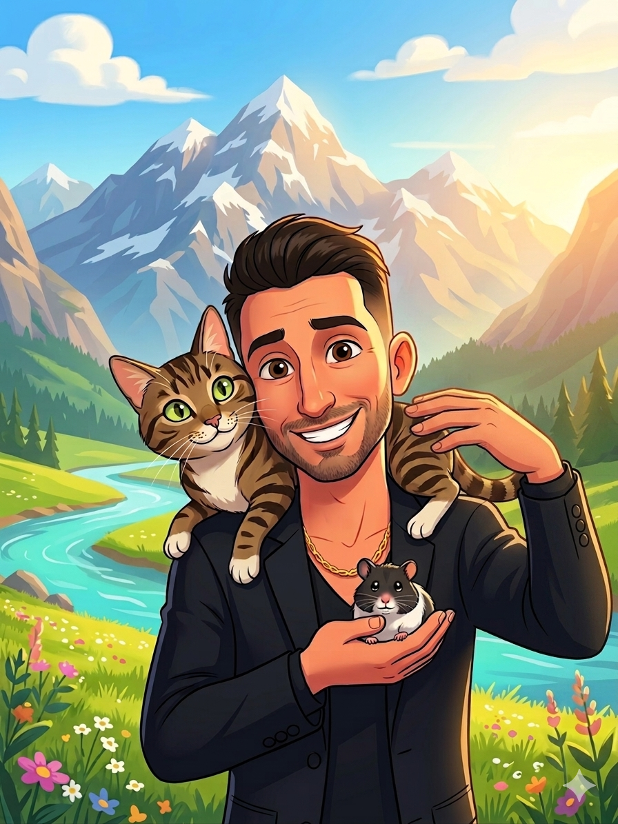 A man with dark hair and a beard smiling, holding a guinea pig in his hand. A tabby cat with green eyes is sitting on his shoulder, and a small rabbit with black and white fur is in his other hand. The background shows a scenic mountain landscape with snow-capped peaks, a river, green meadows, and colorful flowers, all under a bright blue sky with clouds.