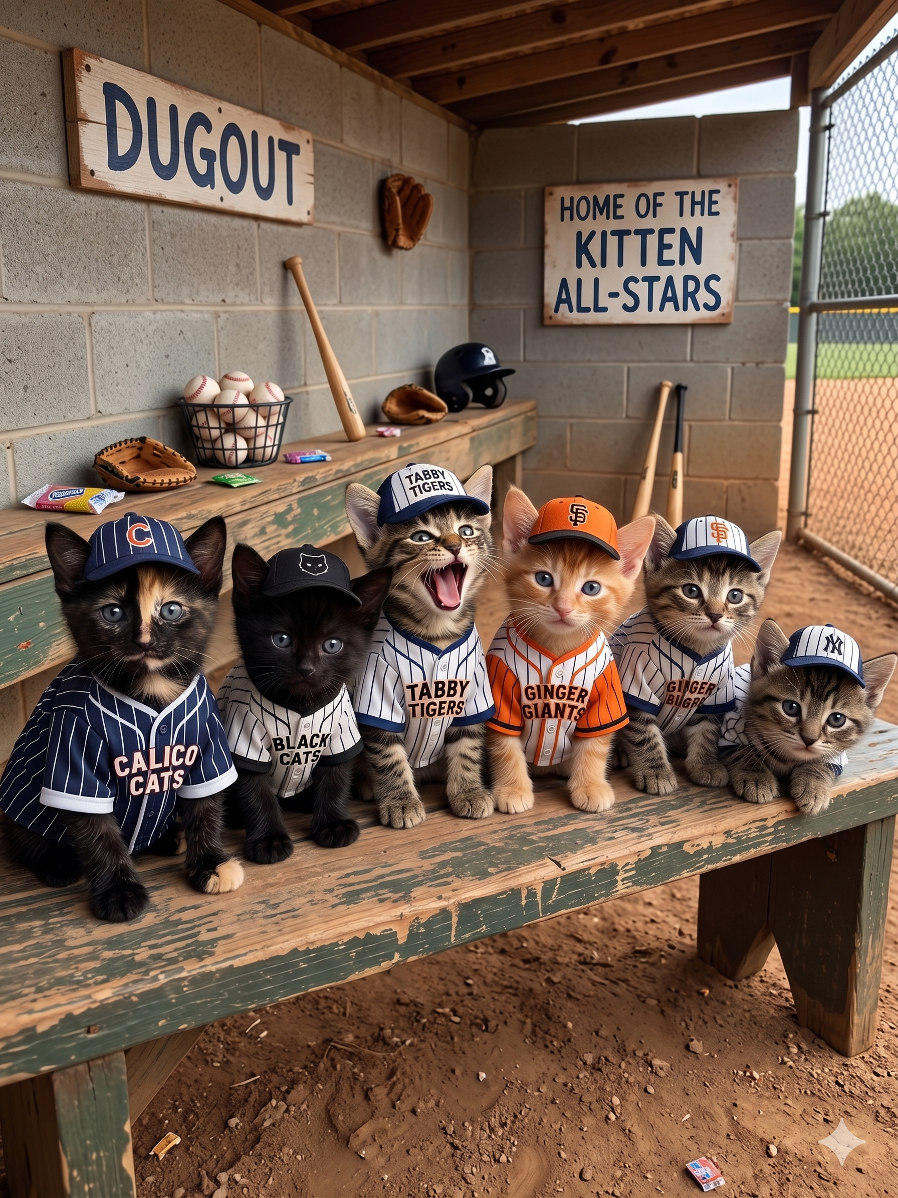 Six cats dressed in baseball jerseys and caps sitting on a wooden bench at a baseball field, with signs reading 'Dugout' and 'Home of the Kitten All-Stars' in the background.