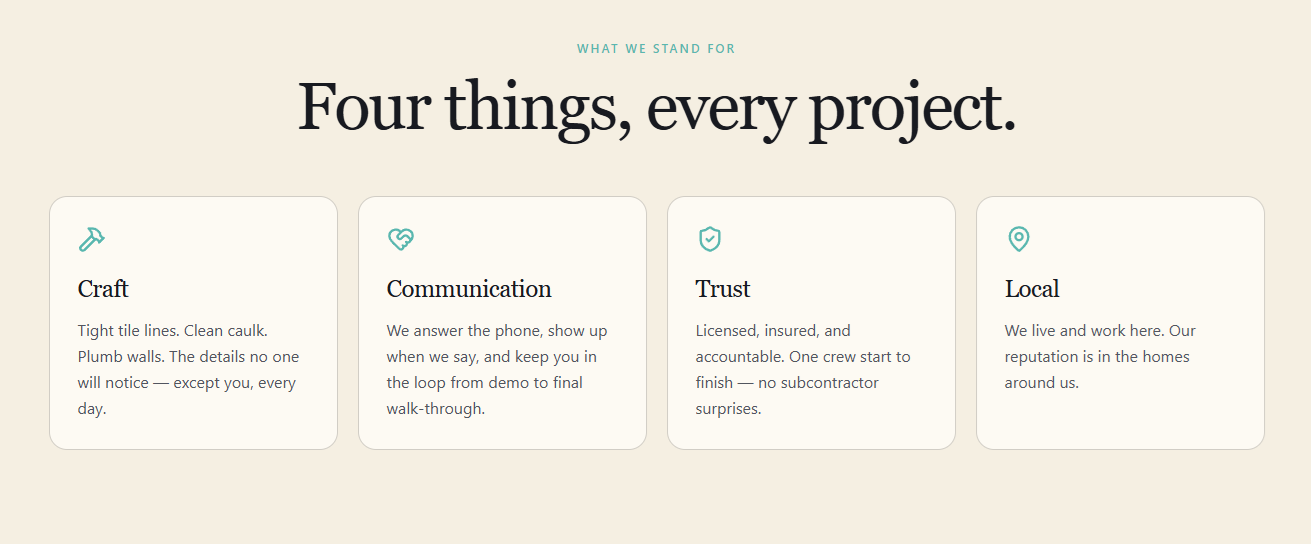 Webpage titled "Four things, every project" with sections for Craft, Communication, Trust, and Local, each with descriptive text.
