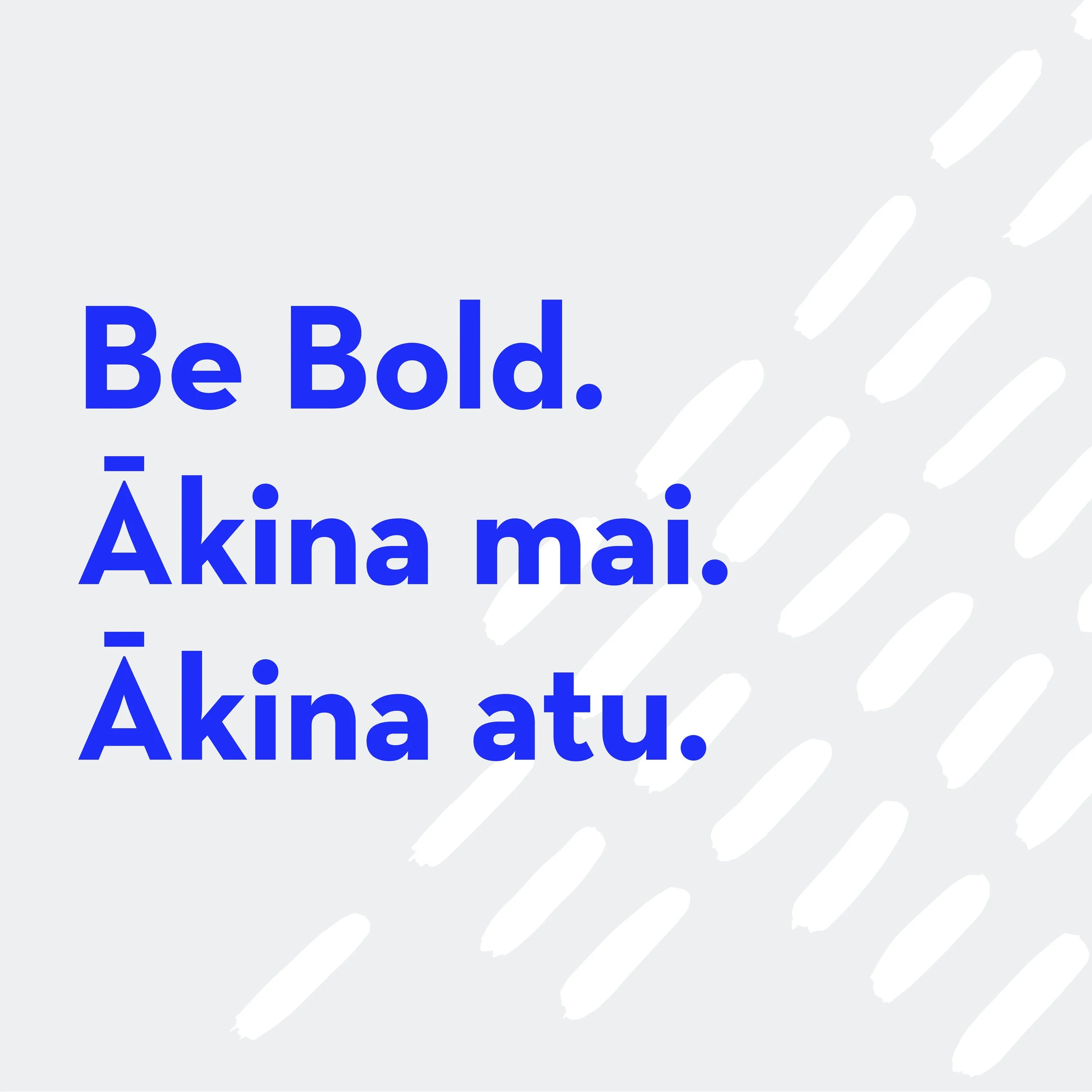 Be Bold. Ākina mai. Ākina atu. Ākina byline in bright blue on grey and white. Alice Lloyd.