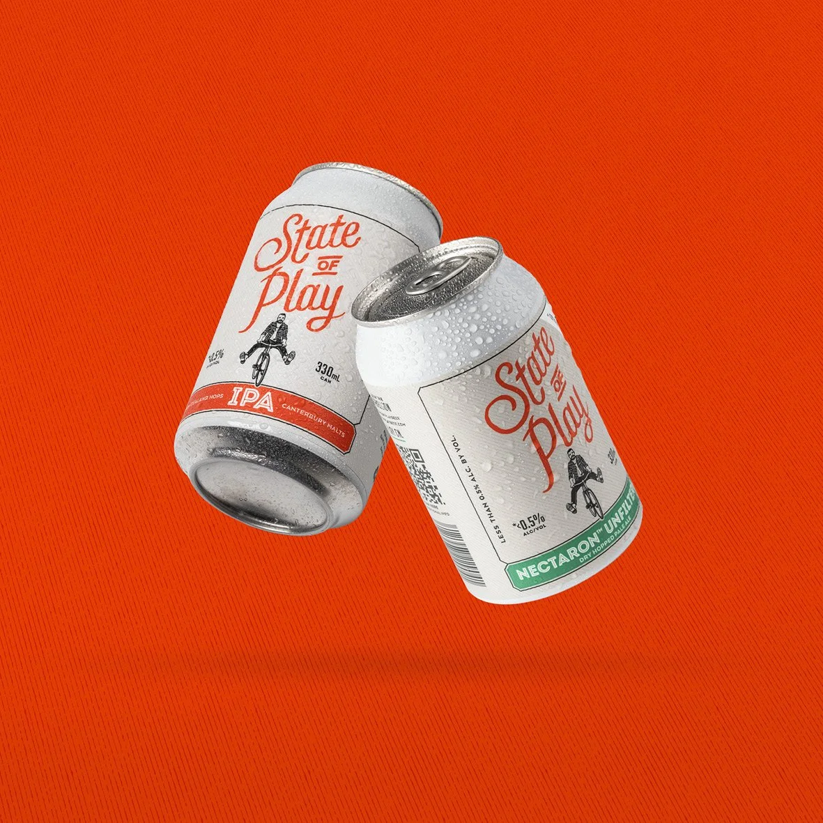 Two cans of beer floating on an orange background. Studio photography, packaging design, branding, designer. Alice Lloyd.