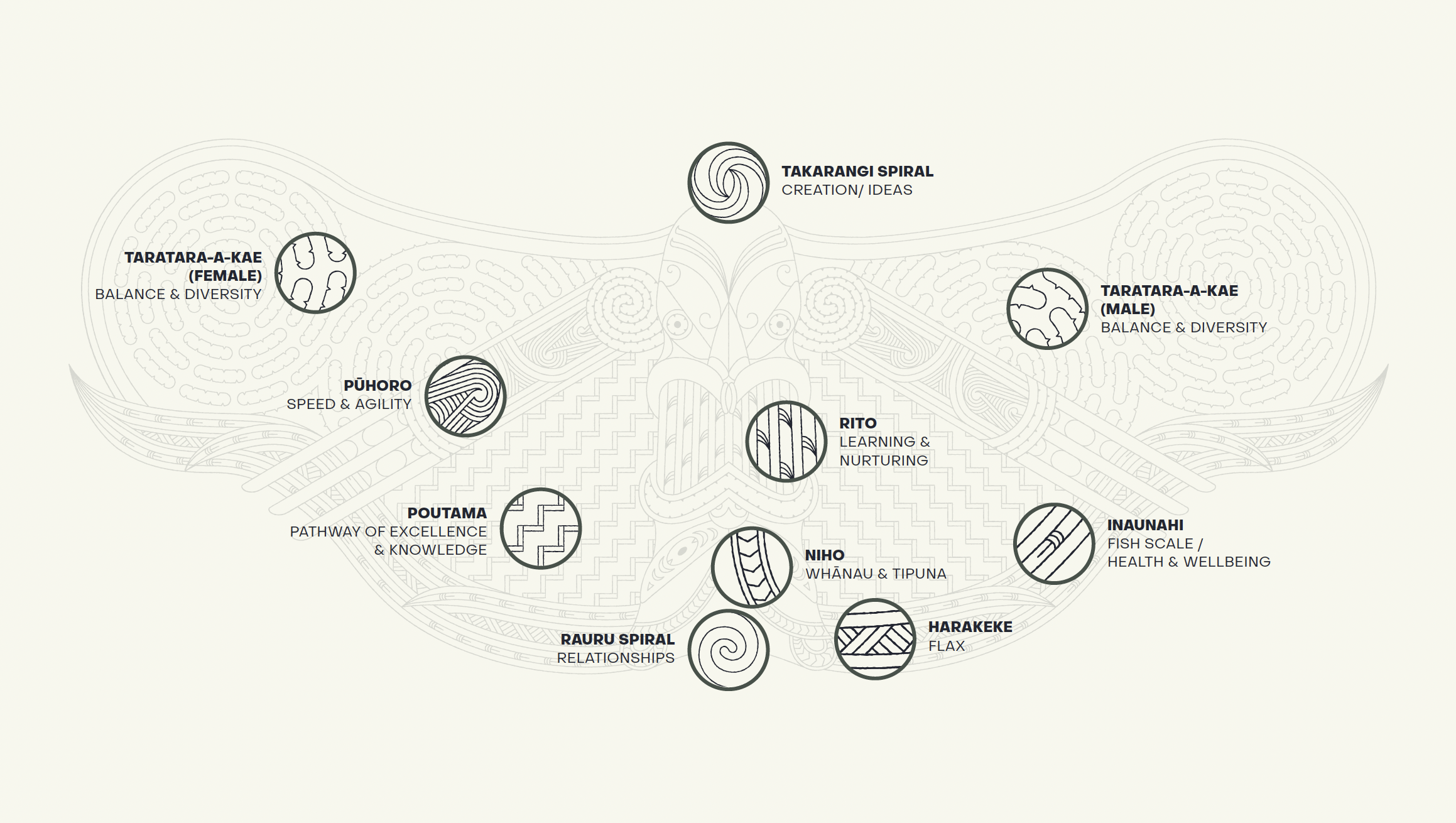 Whiri whakapapa illustration and descriptions of elements. Branding, logo design, typography, designer, Creative Director, Māori strategic partner. Alice Lloyd.