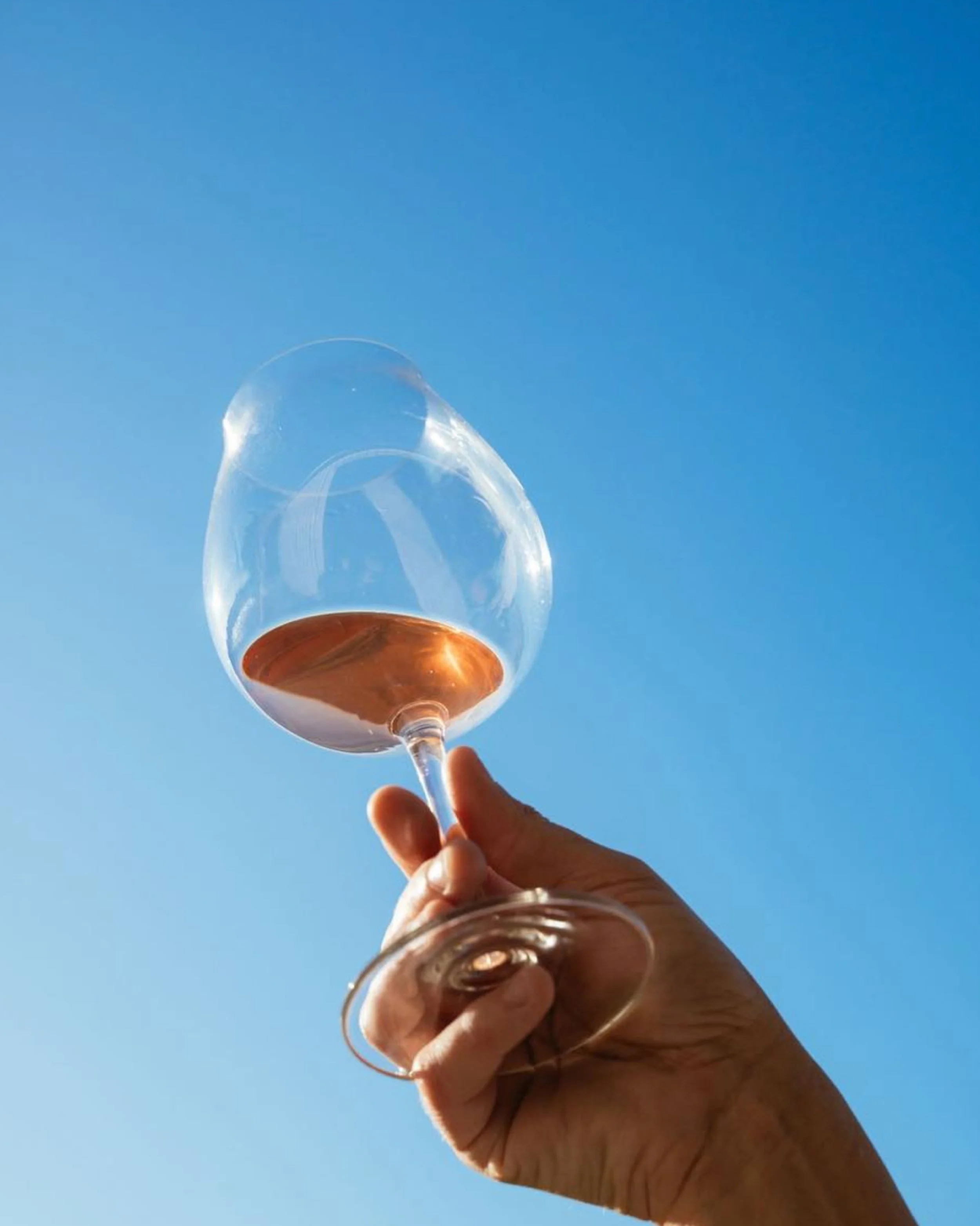 Hand holding up glass of rosé wine against blue sky. Alice Lloyd.