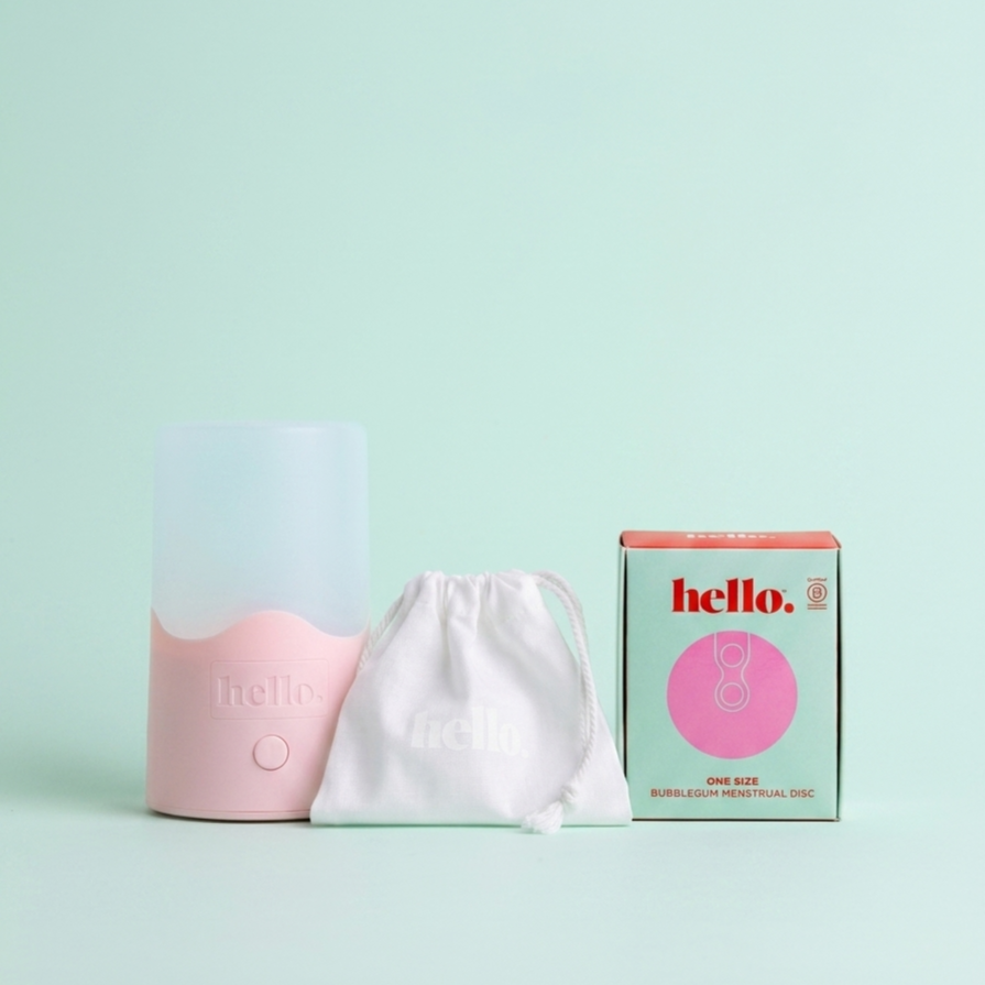 Hello Steamy reusable cup and disc steam steriliser. Cotton bag and Hello Period disc packaging. Studio photography, packaging design, branding, typography, designer. Alice Lloyd.
