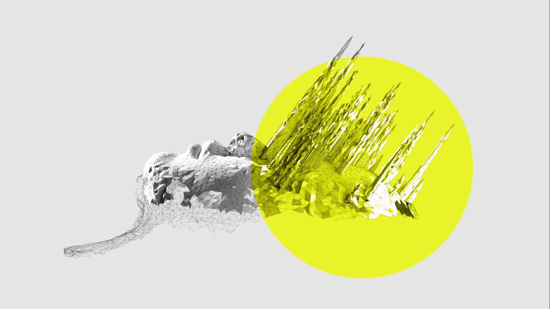 Animation of head spinning in a circle, spikes   protruding. Black and white. Fluoro yellow. Branding, design, typography, designer, Creative Director. Alice Lloyd.