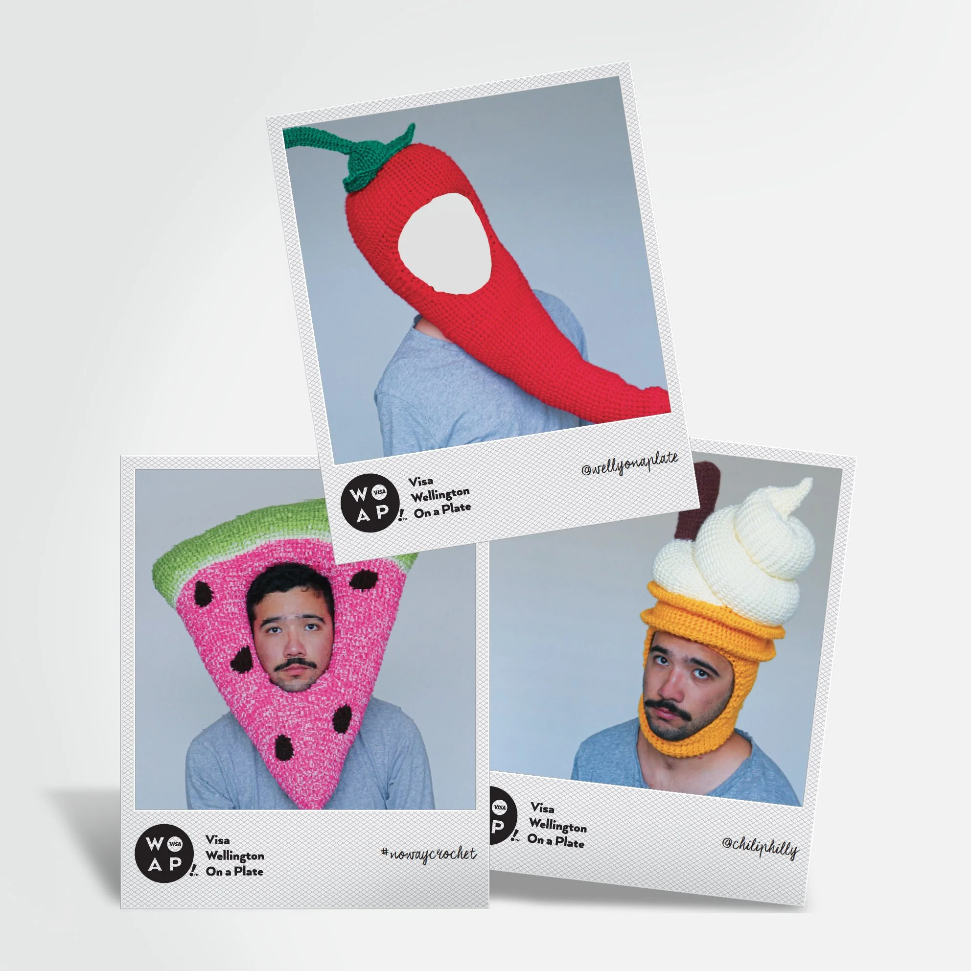 Crocheted outfits on display - chilli, watermelon and soft serve icecream. No Way Crochet exhibition branding for @chiliphilly. Selfie wall. Exhibition design, branding, designer, Creative Director. Alice Lloyd.