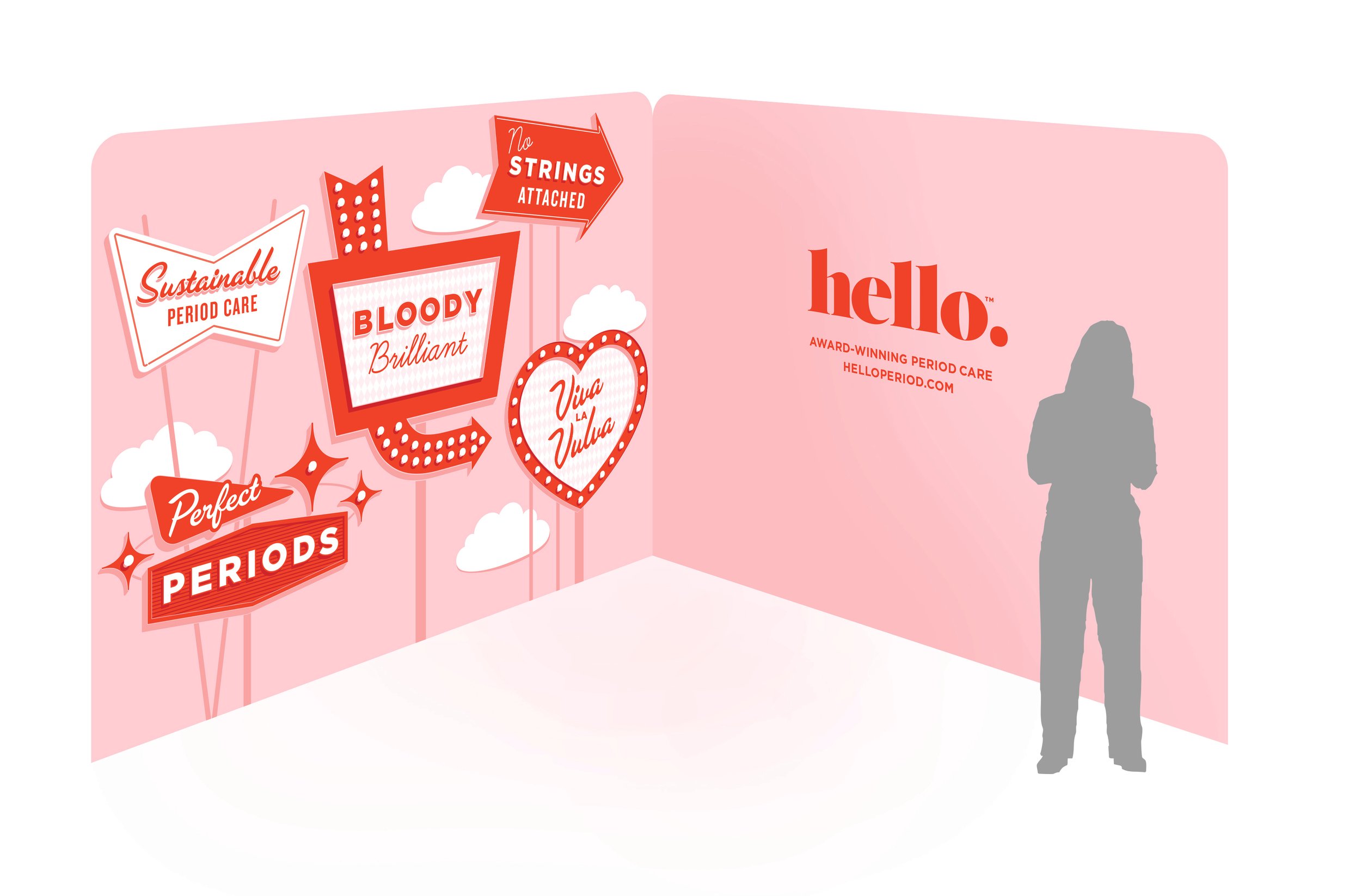 Hello Period trade show stand. Trade show stand design, schematic, branding, typography, designer. Alice Lloyd.