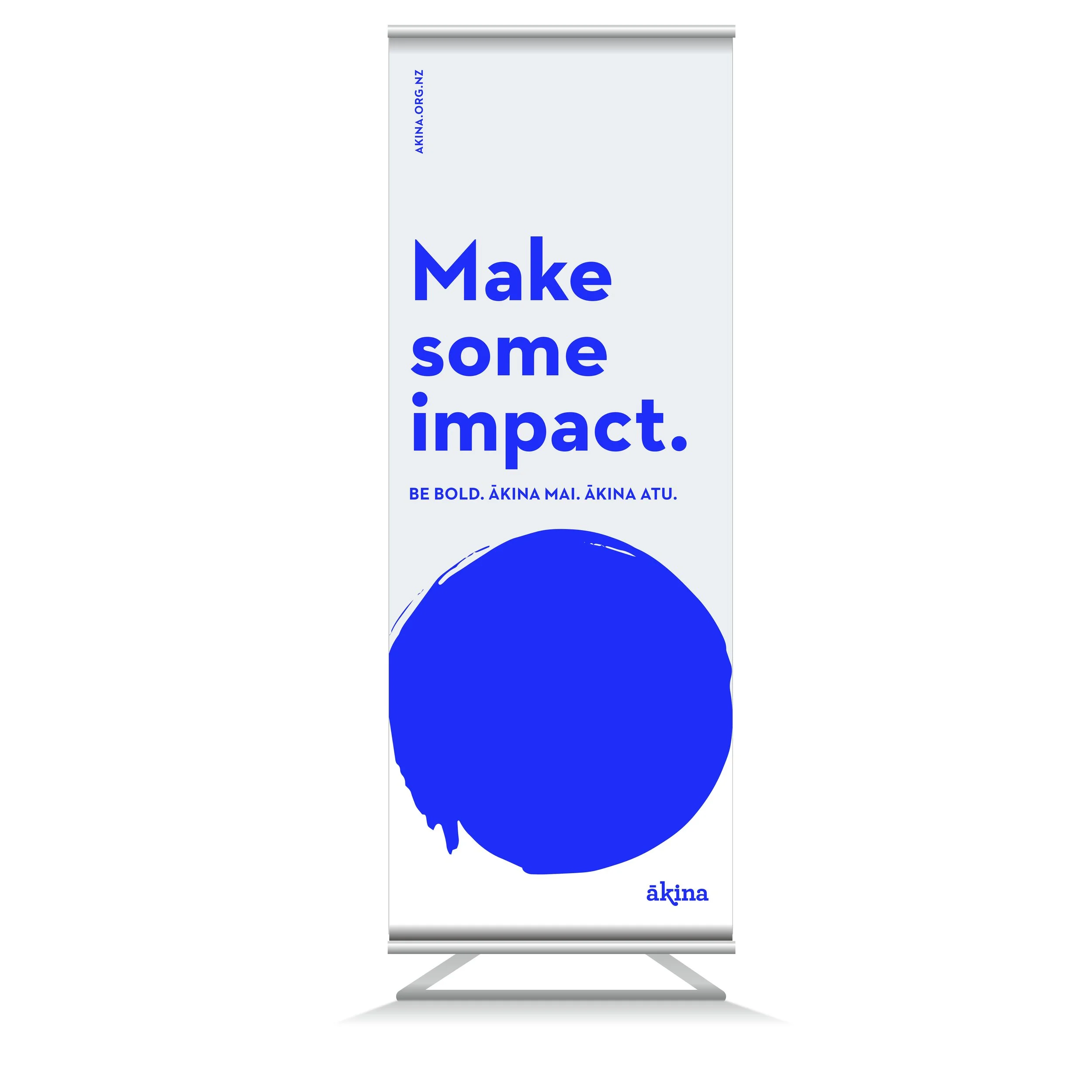 Ākina banner. Bright blue, grey and white colour scheme. Branding, trade show design, communications, marketing, typography, designer, Creative Director. Alice Lloyd.