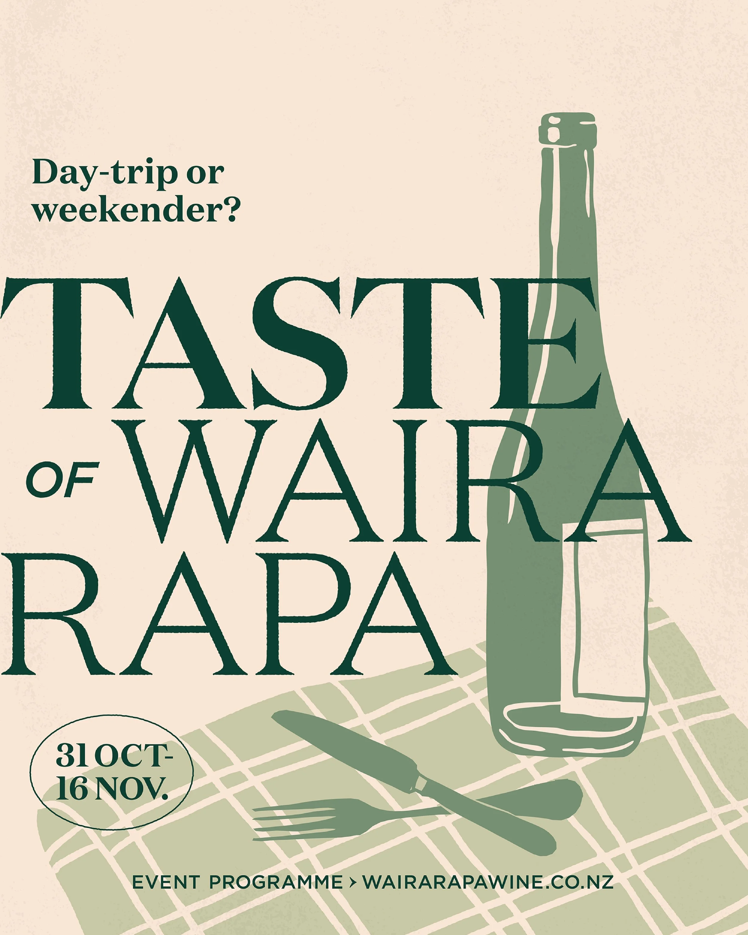 Illustration of green bottle of wine on plaid picnic blanket with knife and fork. Taste of Wairarapa branding. Poster design, communications, marketing, branding and print. Alice Lloyd.