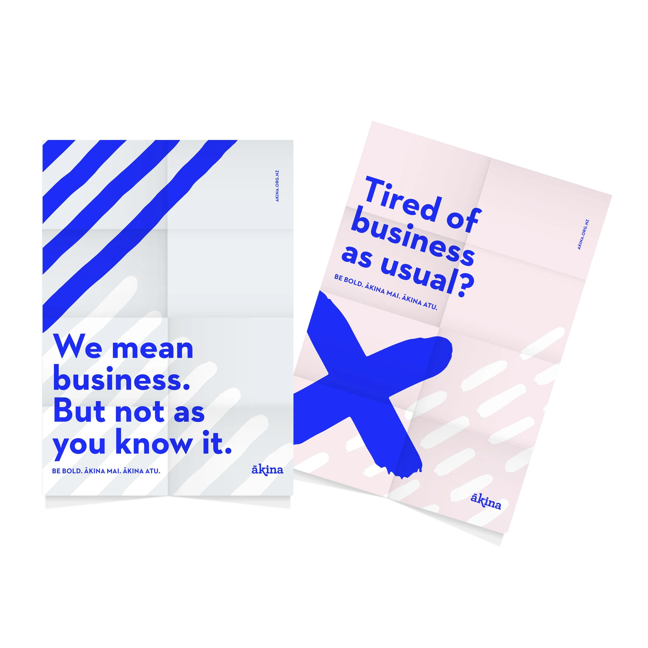 Ākina posters. Bright blue, pink, grey and white colour scheme. Branding, stationery design, communications, marketing, typography, designer, Creative Director. Alice Lloyd.