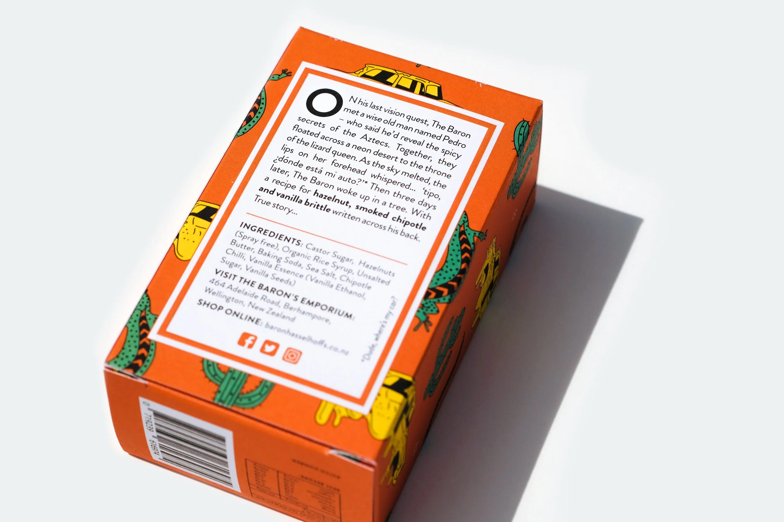 Baron Hasselhoff's Pedro Picante packaging. Showing a chapter in the Baron's story on the back of the box. Studio photography, packaging design, branding, typography, designer. Alice Lloyd.