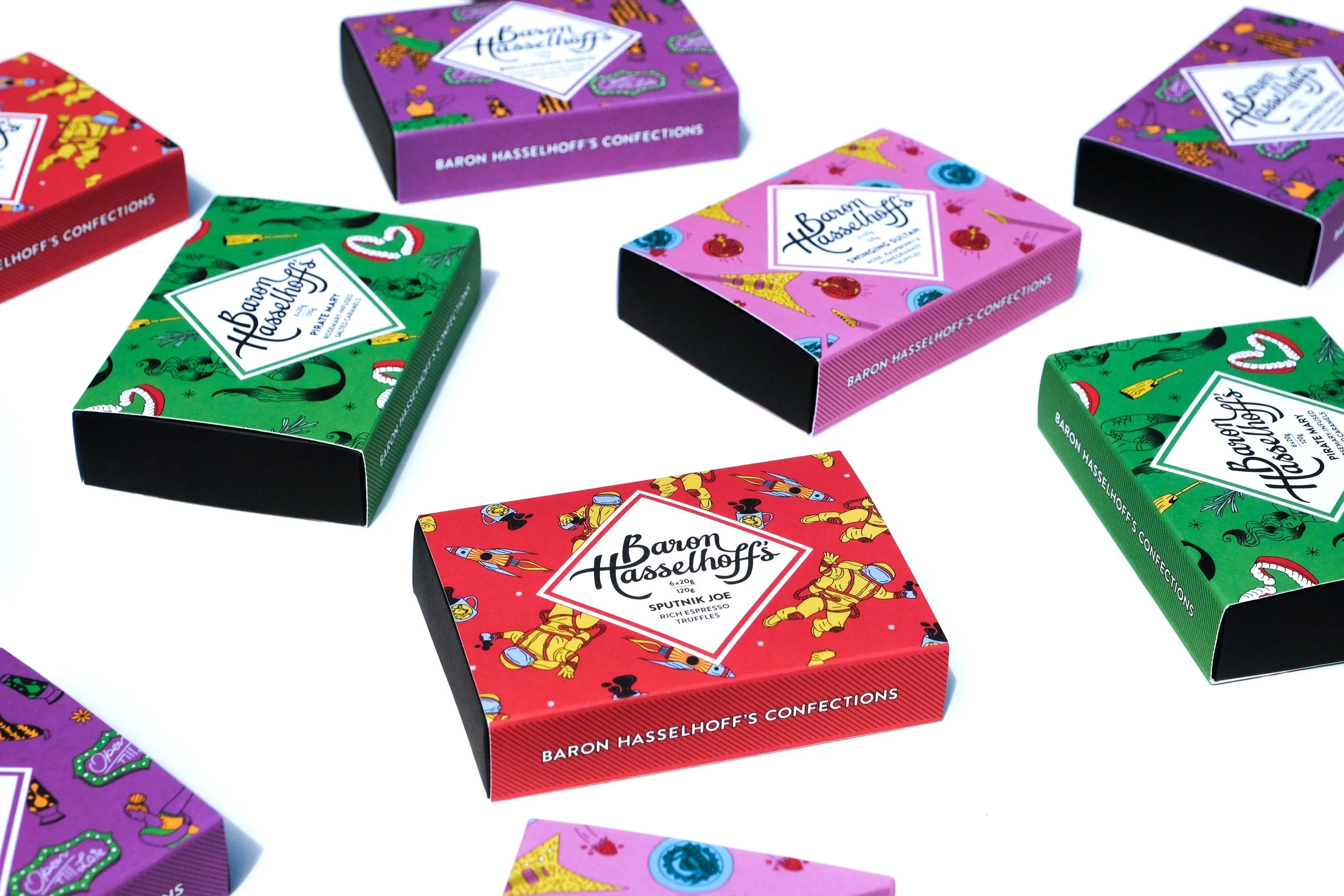 Baron Hasselhoff's confections. Studio photography, packaging design, branding, typography, designer. Alice Lloyd.