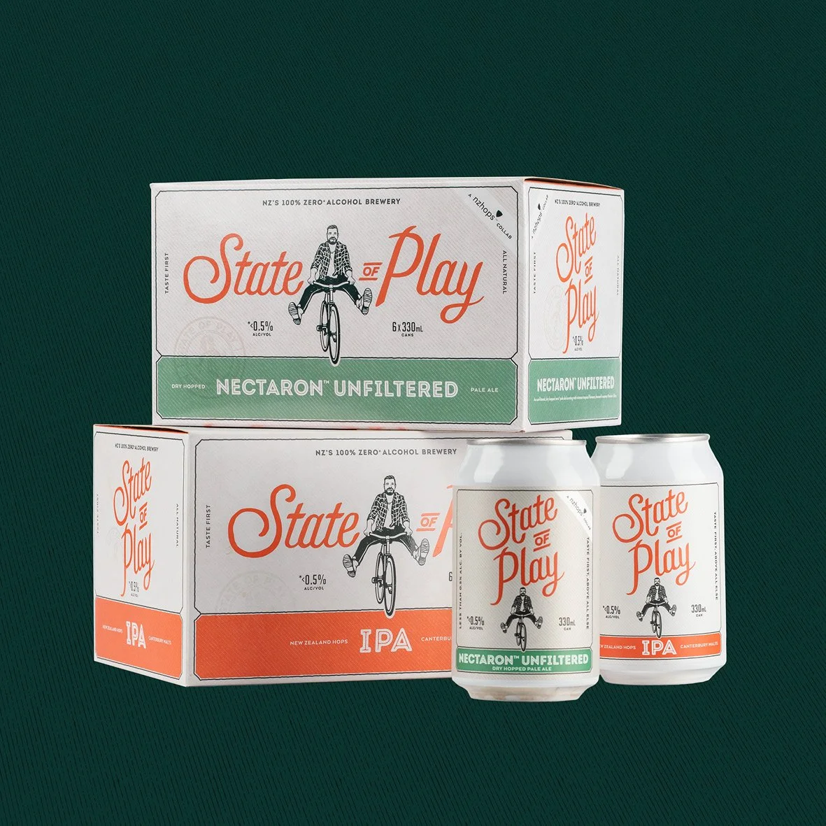 Two boxes of beer along with two beer cans on dark green background. Studio photography, packaging design, branding, designer. Alice Lloyd.